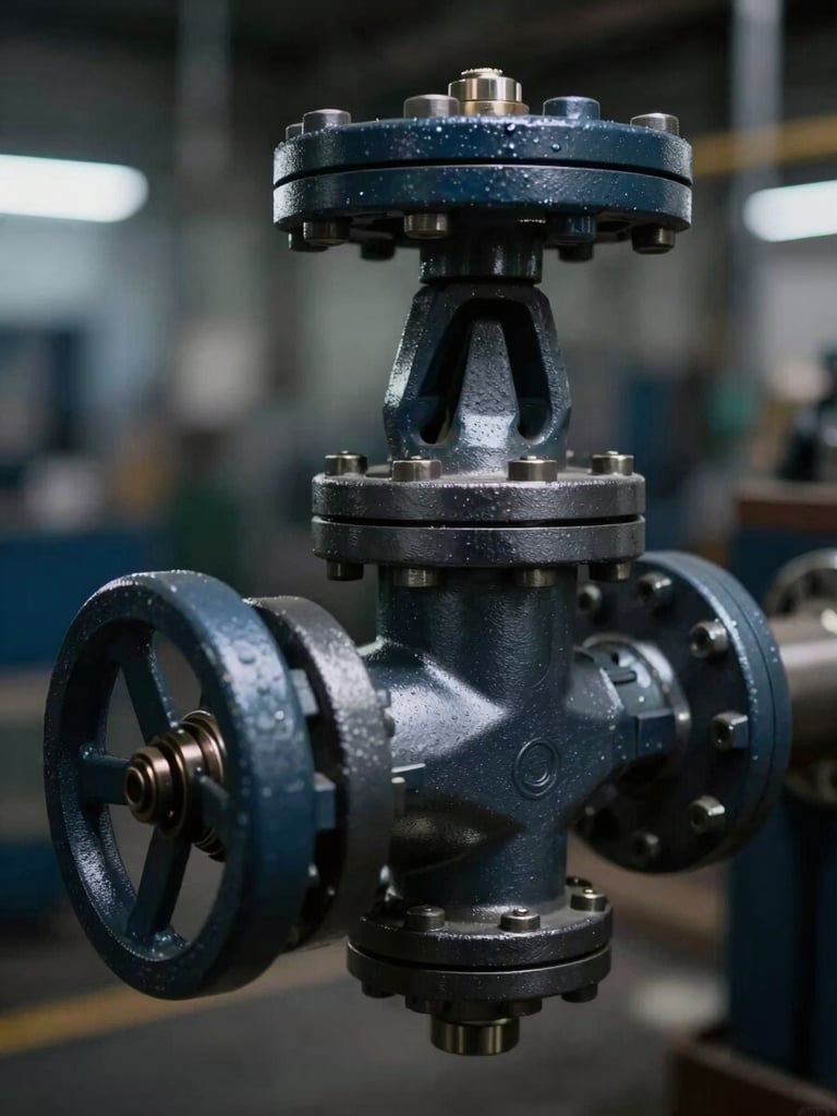 Macro detail shot of a heavy-duty modulating control valve in a factory, dramatic high-contrast industrial lighting, deep slate and metallic tones, sharp focus, 35mm