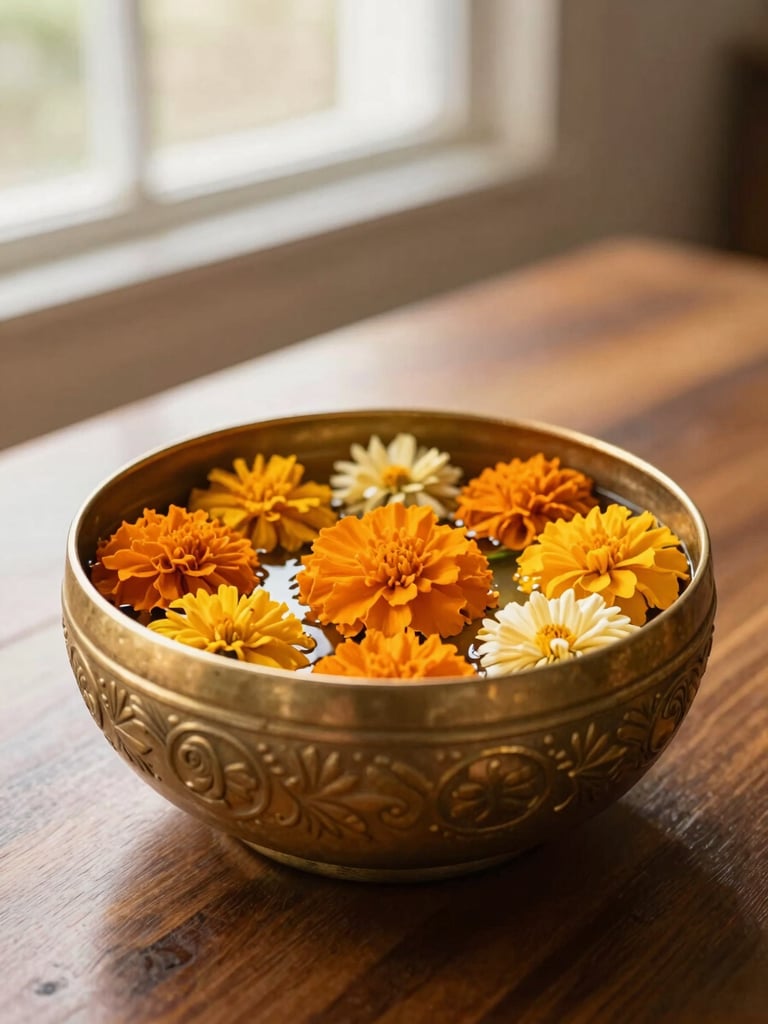 Close-up of a hand-carved brass urli bowl filled with water and marigolds on a dark wooden table, warm sunlight, shallow depth of field, 35mm