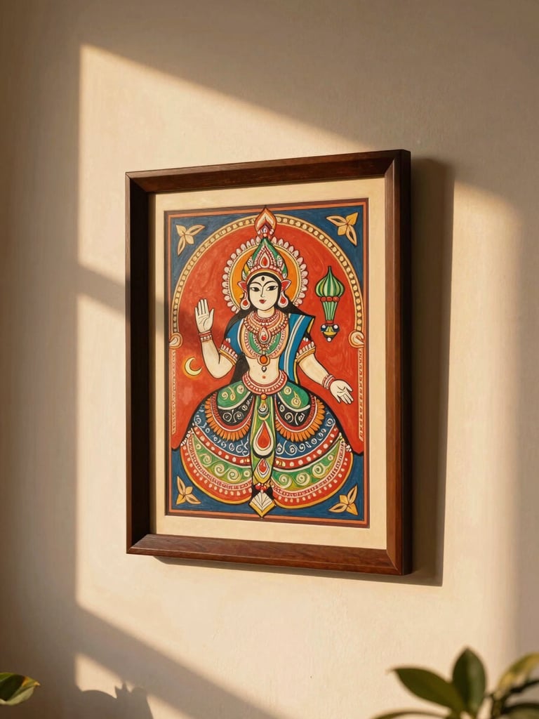 Warm editorial photography of a hand-painted Madhubani artwork hung on a clean plaster wall, soft shadows, golden-hour light, 35mm