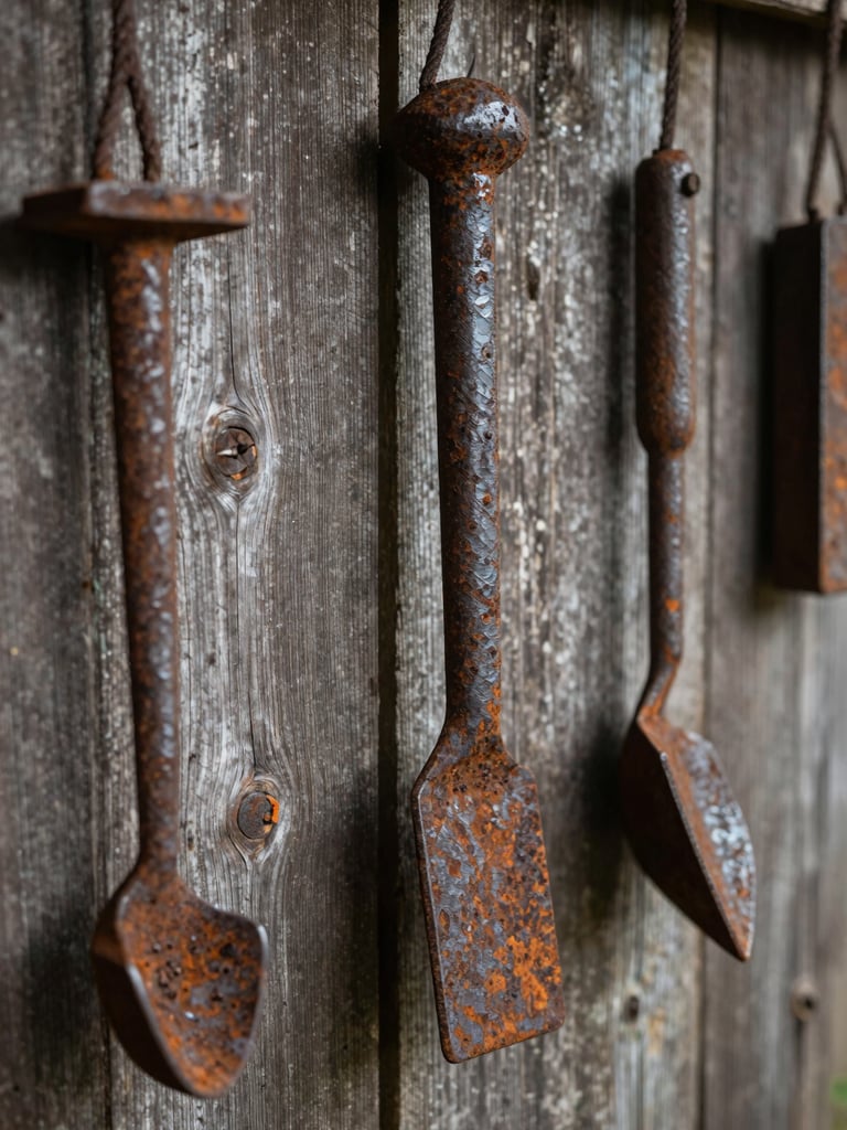 A close-up of rusted iron tools hanging on a weathered pine wall, deep shadows, authentic ranch utility