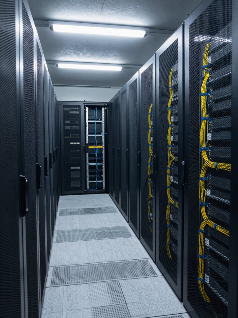 Wide shot of a data center aisle under cool fluorescent light, dense server rack columns receding into the background, cables organized in tight bundles, no people visible