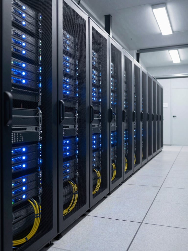 Wide shot of a data center corridor, server rack indicator lights glowing cold blue in controlled low light, cable bundles routed precisely along floor trays, no people visible