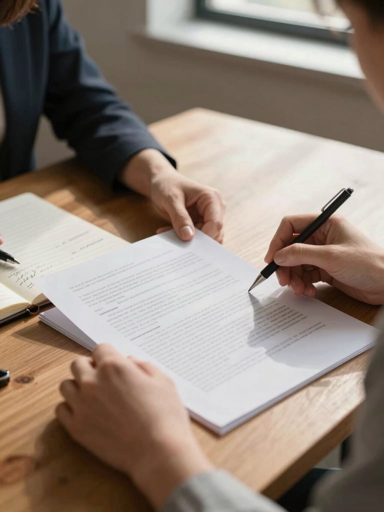 Close-up of a woman's hands reviewing legal documents on a wooden desk, a notepad with handwritten notes beside them, warm north-facing window light casting soft shadows, calm and focused atmosphere