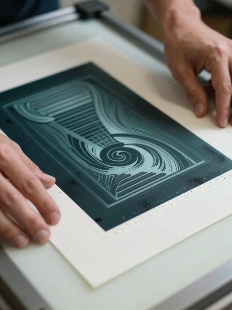 Close-up of hands inspecting a freshly trimmed offset-printed sheet on a light table, north-facing daylight, ink saturation and registration marks visible at edge, paper grain caught in raking light