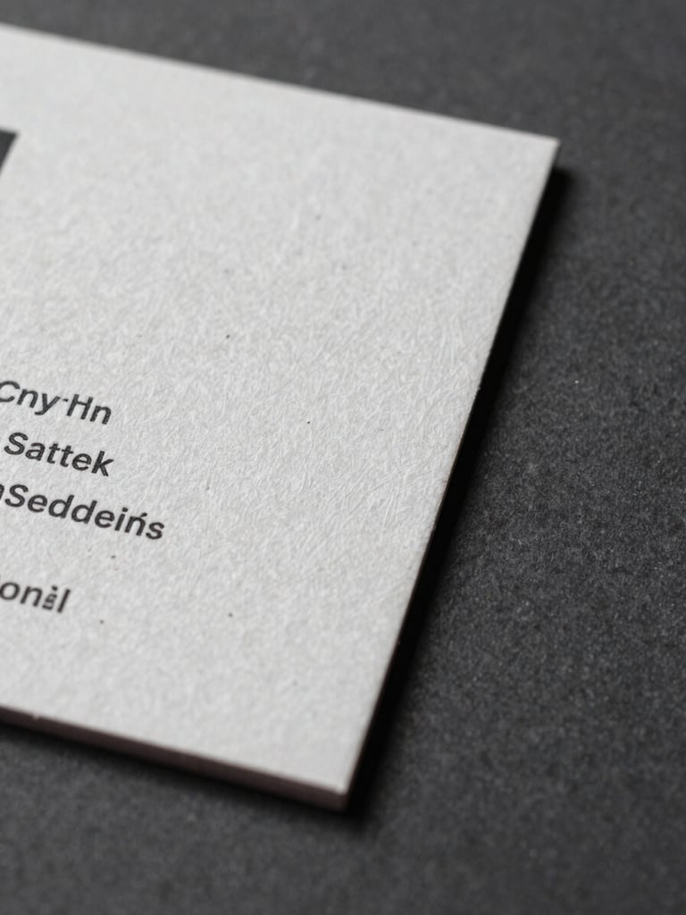 Extreme close-up flat-lay on deep charcoal surface, a precision die-cut business card with embossed edges and deep ink coverage, north-facing daylight raking across paper texture to reveal grain and cut edge detail, right side of frame