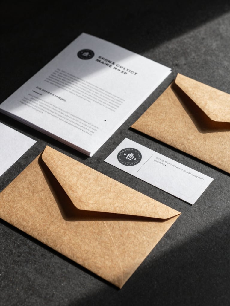 Wide studio flat-lay of printed brand collateral — folded brochure, kraft envelope, and a die-cut label arranged on dark matte surface under north-facing daylight, ink saturation and paper texture sharp at macro detail
