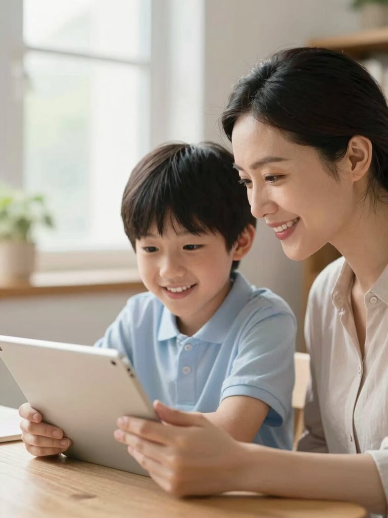 A mother and student sitting together at a table looking at a progress report on a tablet, smiling, warm home environment, soft window light