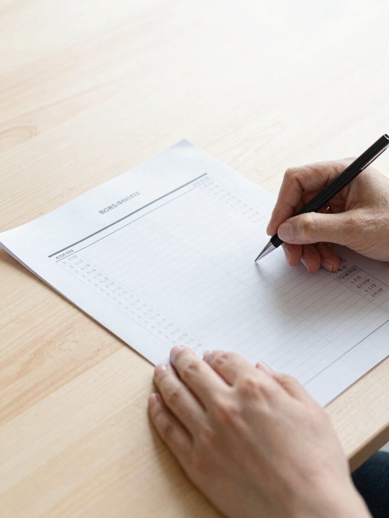A close-up of hands reviewing a structured financial ledger on a clean wooden table under bright, diffused daylight.