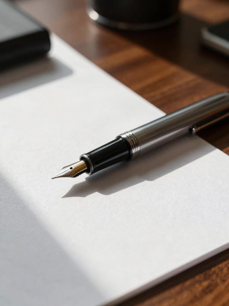 Tactile close-up of a fountain pen resting on heavy cotton paper, natural window light casting soft shadows, elegant mahogany desk in a quiet Wyoming office.