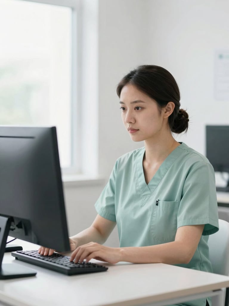 A professional doctor in a light sage green scrub top, working focused on a modern desktop computer in a bright, clean office, soft natural daylight.