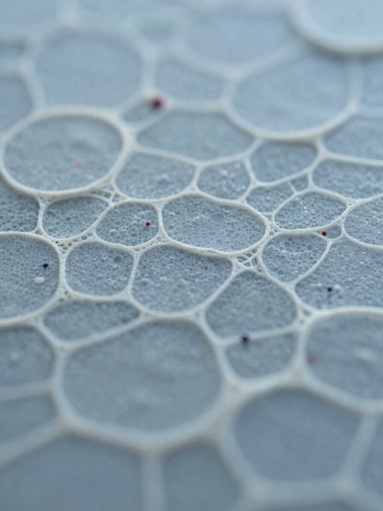 Close-up of high-resolution scientific microscopy showing structured cellular patterns in cool diffused laboratory light, muted blues, 35mm