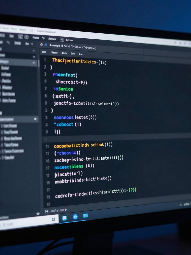 Extreme close-up of a clean dark IDE code editor on a monitor, sharp focus on lines of modern TypeScript, deep shadows, cool-toned blue studio lighting, cinematic.