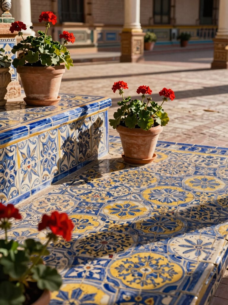 Wide environmental shot of a traditional tiled patio in Seville, vibrant blue and yellow ceramic patterns, potted geraniums, soft afternoon shadow