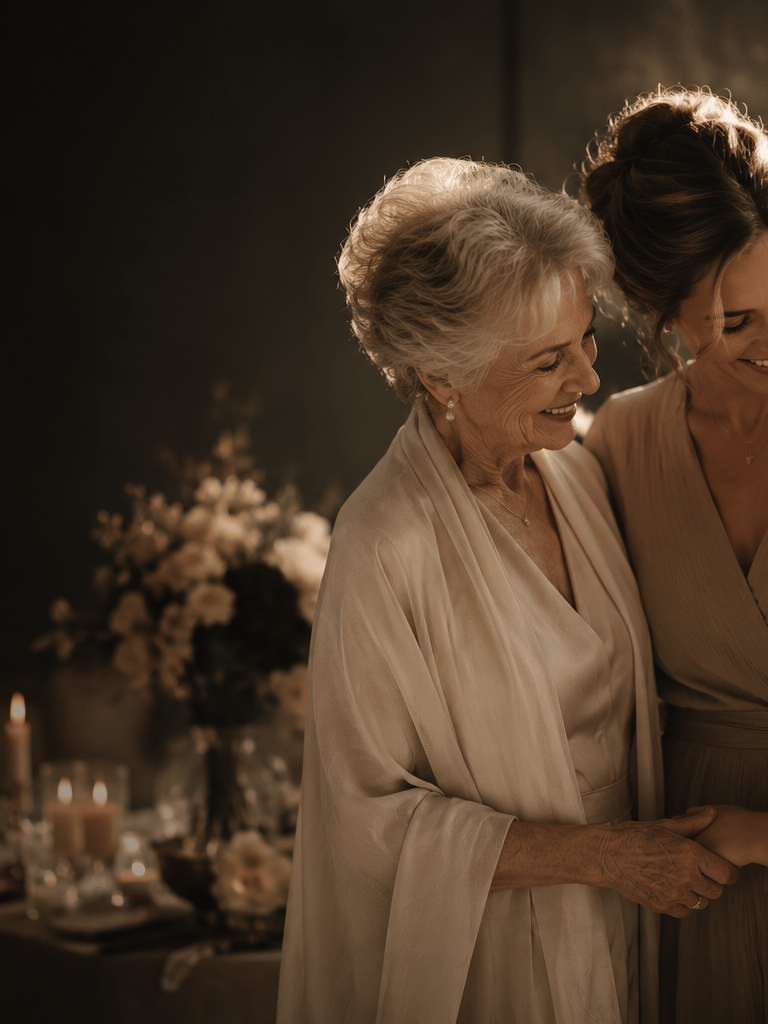 Drie generaties vrouwen delen een warm moment op een huwelijksreceptie met elegant kaarslicht.