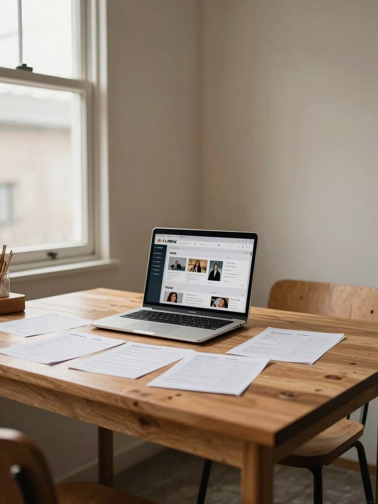 Wide shot of a small UMKM workspace — a simple wooden table with a laptop showing an online store dashboard, scattered handwritten order notes, under warm natural light from a side window, slightly left-of-center framing with empty negative space on the right