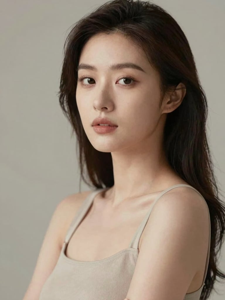 Hyper-realistic studio photography of an elegant woman, soft cinematic key light, shallow depth of field, neutral tones, 85mm portrait lens, clean background.