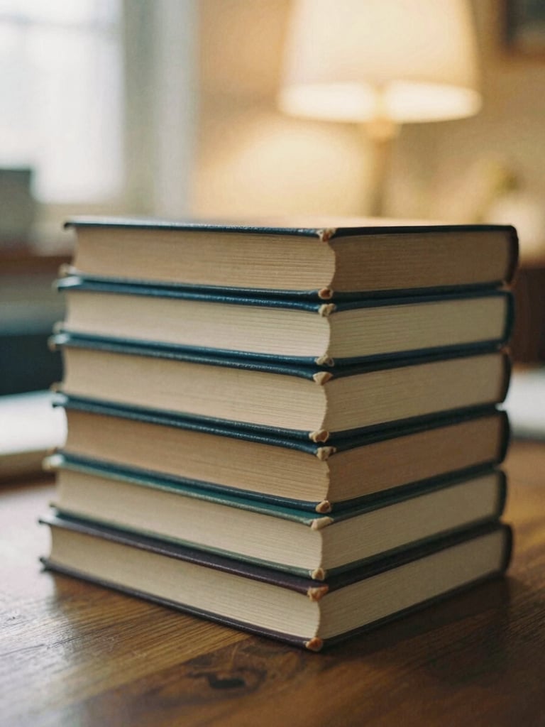 Intimate close-up of a stack of vintage books on a wooden table, a soft warm lamp glow in the background, cozy domestic setting, shallow depth of field, 35mm film