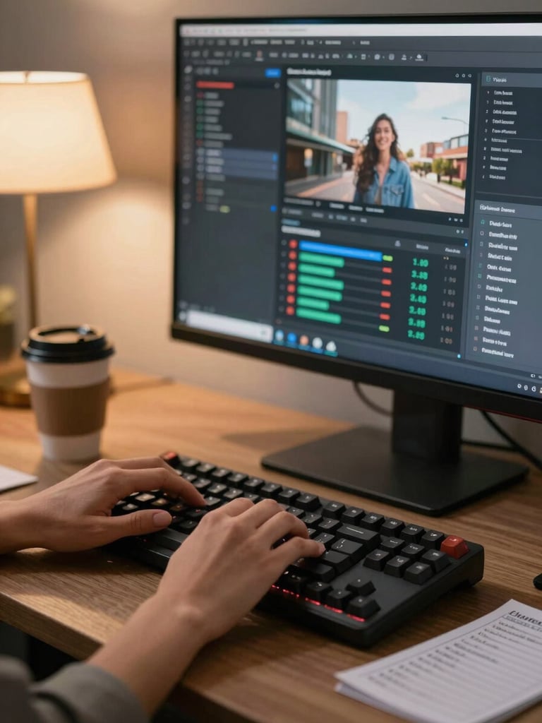 Close-up of a woman's hands on a mechanical keyboard, a large monitor behind her showing a programmatic ad campaign dashboard with real performance data, a coffee cup and handwritten channel checklist at the edge of frame, warm studio lamp from the left casting soft directional light, shallow depth of field keeping the hands sharp and the monitor screen readable but slightly soft