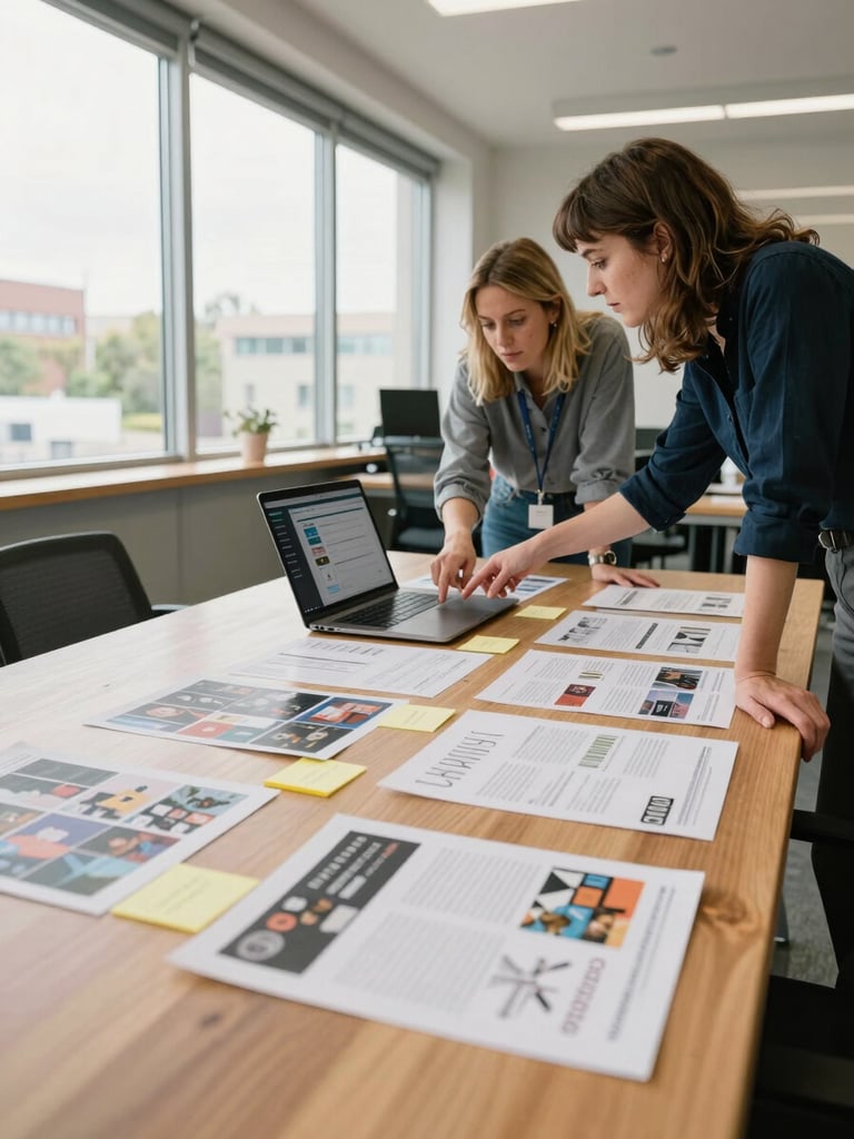 Wide environmental shot of a bright agency workspace — two women leaning over a large wooden table covered in printed campaign briefs and sticky notes, one pointing at a laptop screen showing a live social ad dashboard, natural daylight flooding in from large windows to the left, warm and documentary in feel, no text visible on screens