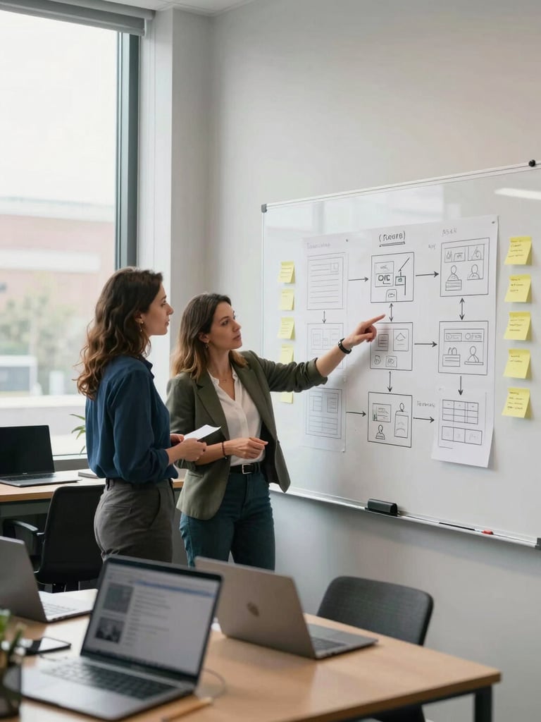 Wide environmental shot of an agency workspace, two women standing at a large whiteboard covered in campaign channel diagrams and sticky notes, natural daylight from tall windows, one woman pointing at the board mid-discussion, laptops open on a nearby table