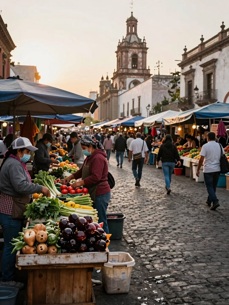 Wide street market in Mexico City, vendors arranging fresh produce at wooden stalls under natural morning light, cobblestone street stretching into background, mid-activity shoppers visible, warm golden daylight from the left side