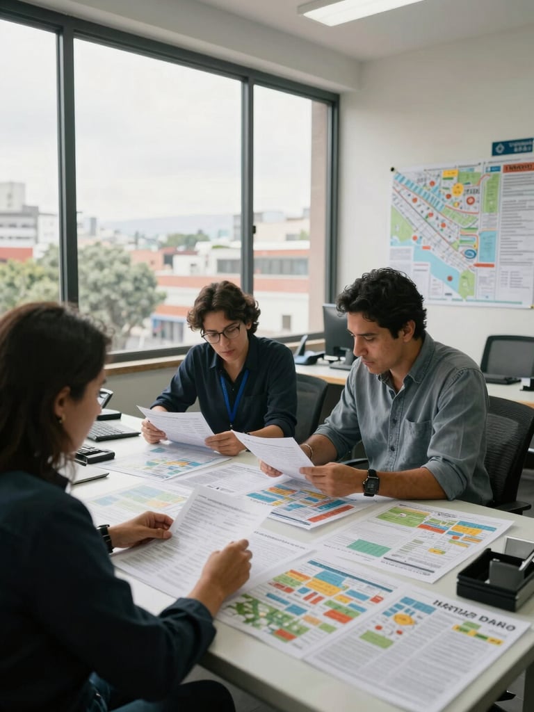 Wide shot of a travel agency open-plan office in Mexico City, two colleagues reviewing printed itinerary sheets spread across a large table under daylight from floor-to-ceiling windows, maps pinned to wall in background, natural light, mid-activity