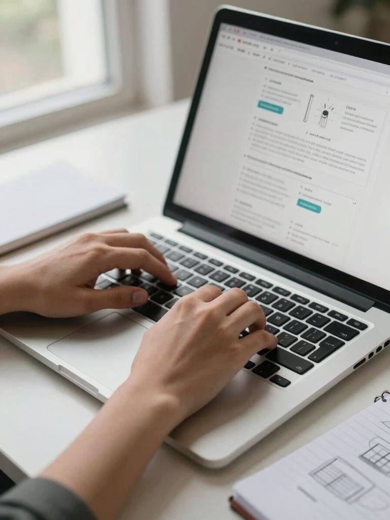 Close-up of hands typing on a laptop keyboard in a clean bright workspace, a website wireframe visible on screen, natural daylight from a window to the left, desk surface showing a notebook with rough layout sketches