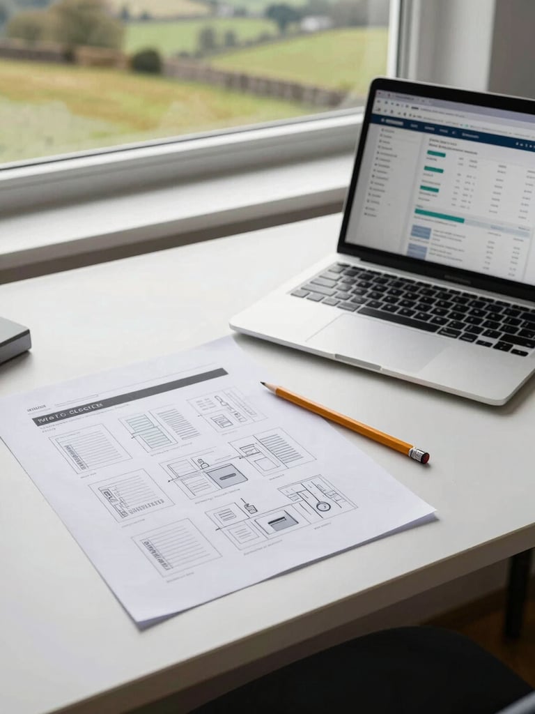 Wide shot of a studio desk from above, showing a printed website wireframe sketch beside an open laptop displaying an analytics dashboard, a pencil resting on the sketch, bright even daylight from a nearby window, Scottish Borders countryside barely visible through the glass