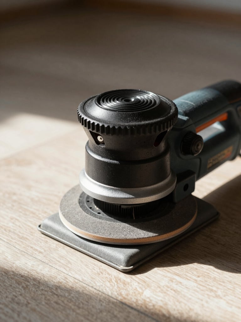 Macro close-up of a perfectly aligned Festool sander resting on heavy-duty floor protection, bright indirect natural light.