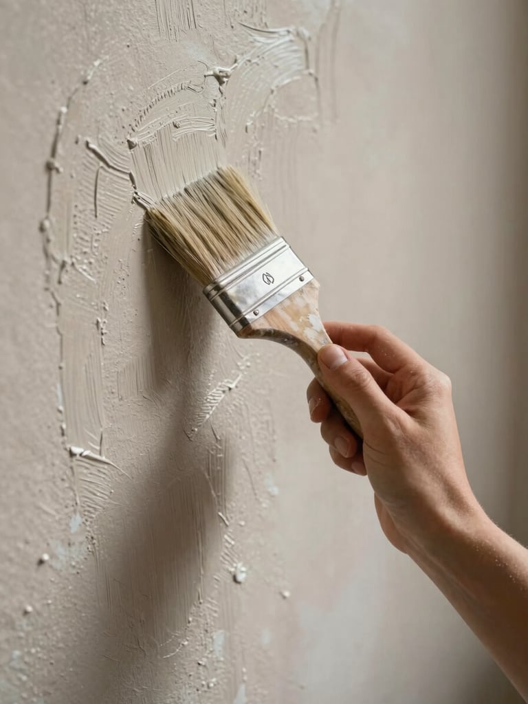 Close-up of a painter's hand holding a wide brush mid-stroke on a textured plaster wall, natural north-facing daylight illuminating the wet edge of the stroke, fine bristle marks visible in the fresh coat, warm greige tone, no flash