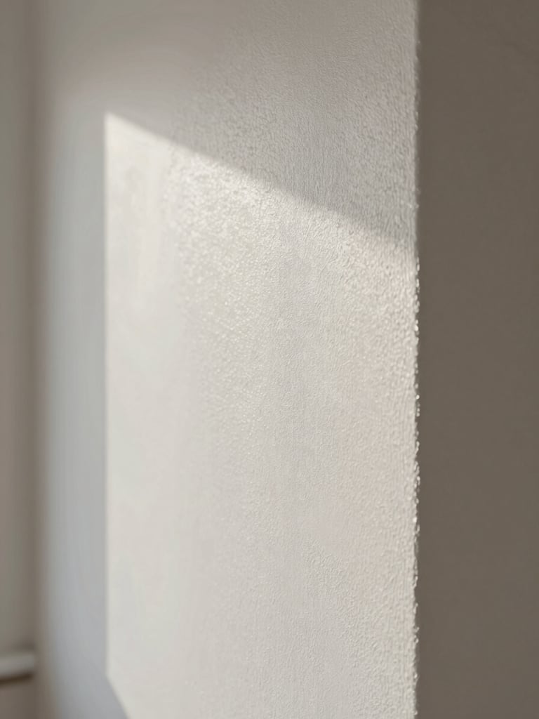 Close-up of a freshly plastered interior wall surface under soft north-facing window light, fine texture and matte sheen visible, no people, no tools in frame — purely the finished surface material