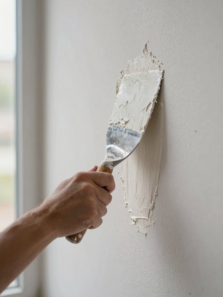 Close-up of a craftsman's hands pressing a wide spatula of white plaster onto a matte wall surface, natural north-facing daylight from an unseen window, fine texture visible mid-application, tool edge catching soft diffuse light