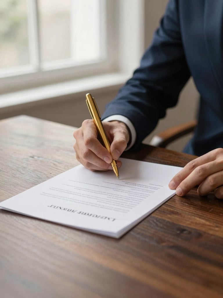 Elegant close-ups of hands signing documents on a dark wooden table, soft natural window light, shallow depth of field, warm gold accents