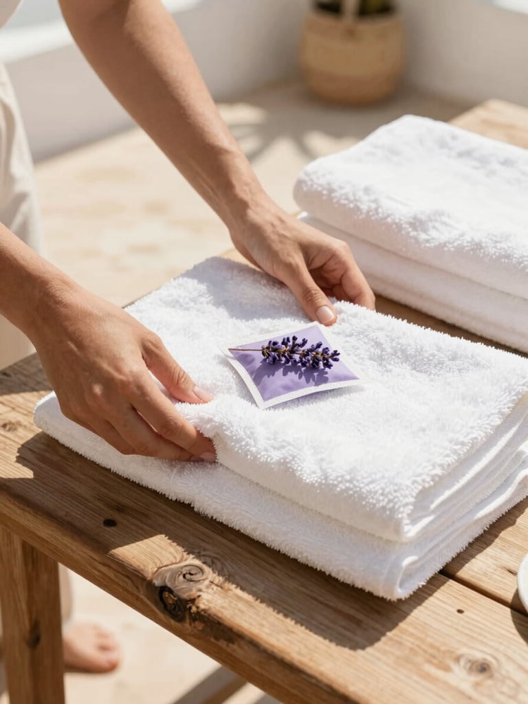 Close-up of hands arranging fresh white towels and a lavender sachet on a rustic wooden table in a sunlit room, warm Mediterranean light, editorial 35mm
