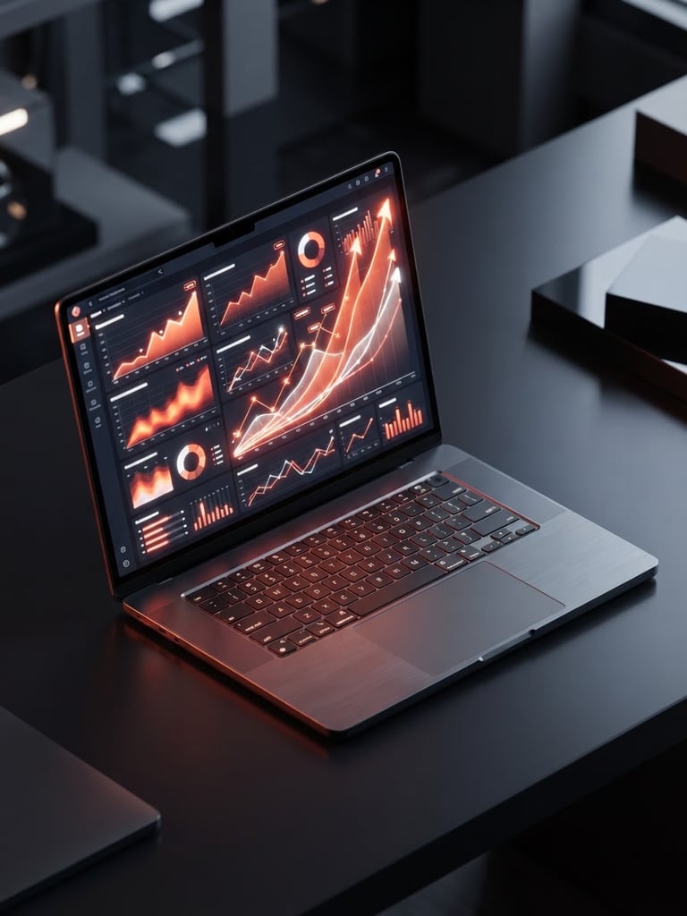 Sleek 3D tech render of a laptop displaying a high-fidelity marketing dashboard with rising growth curves, dark metallic surfaces, glowing orange-red ambient rim light, high-contrast sophisticated mood, isometric depth.