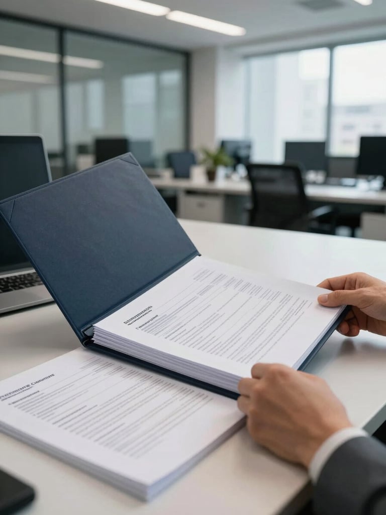 Medium shot of a professional reviewing a multi-page compliance dossier on a wide desk in a modern Panama City office, hands turning document pages, clean overhead daylight illuminating crisp paper and a dark navy folder cover, corporate environment visible in background