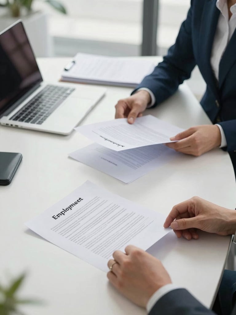 Wide shot of a professional HR manager at a large desk reviewing printed employment contracts under bright office daylight, close-up on hands turning pages, folders and a laptop visible in background, clean corporate setting