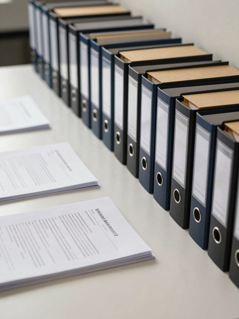 Wide-angle view of a tidy office desk surface under soft north-facing daylight, neatly stacked manila file folders arranged in a row at the right edge, a few document pages fanned open in the foreground, clean off-white surface with no clutter