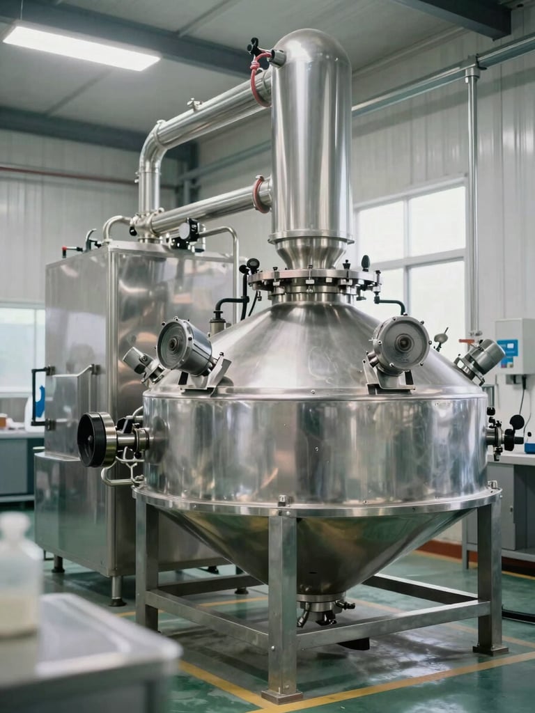 Interior of a modern, clean, stainless steel agro-industrial processing facility, bright natural light, organized and hygienic environment.