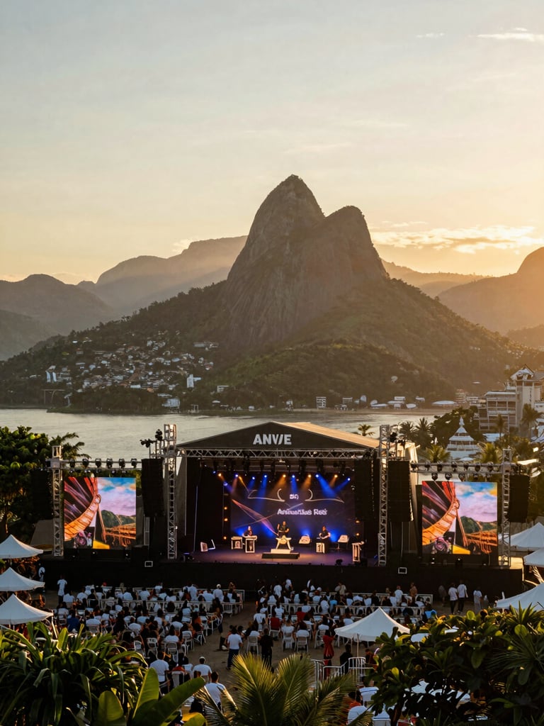 Wide environmental shot of a cultural festival at golden hour in Angra dos Reis, elegant stage setup with mountains in the background, warm sunset lighting, high contrast.