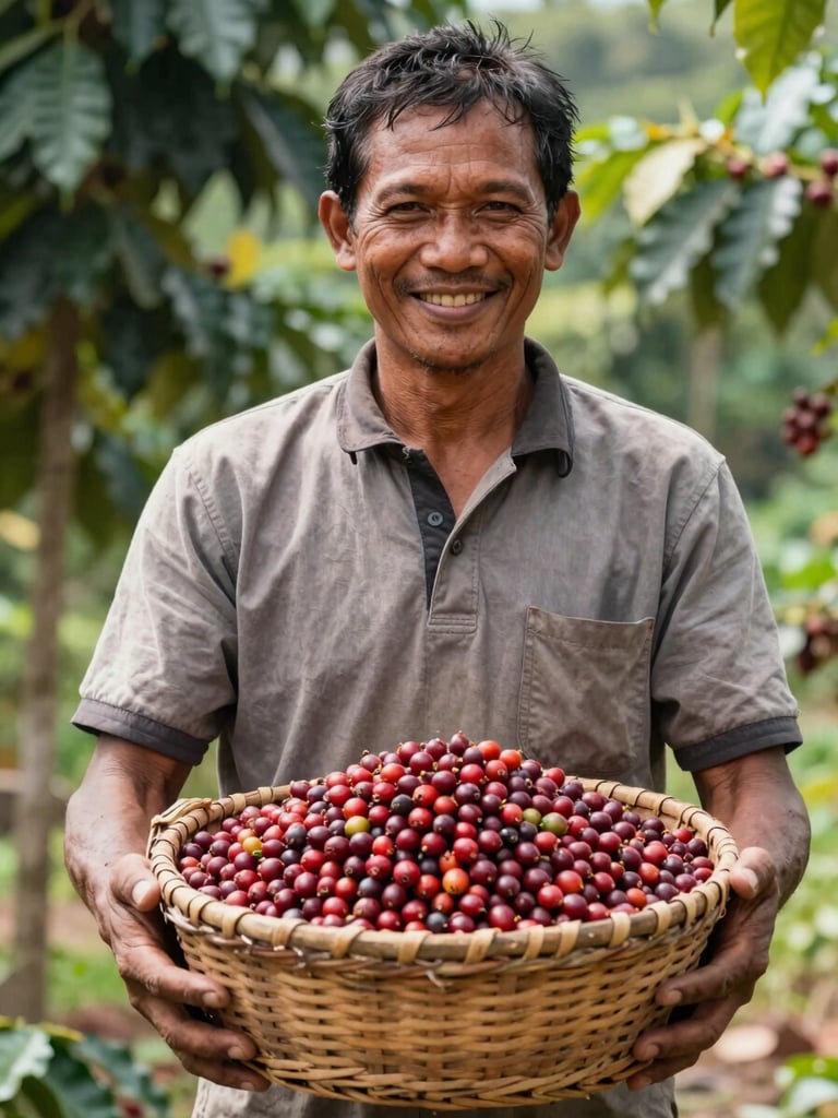 Medium shot of an Indonesian farmer smiling while holding a wicker basket filled with freshly harvested red coffee cherries, bright natural daylight