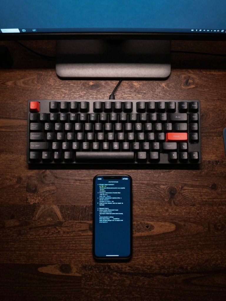 Top-down flat-lay of a developer workspace, mechanical keyboard, dark wood desk, single Android phone displaying a terminal interface, lit by screen glow