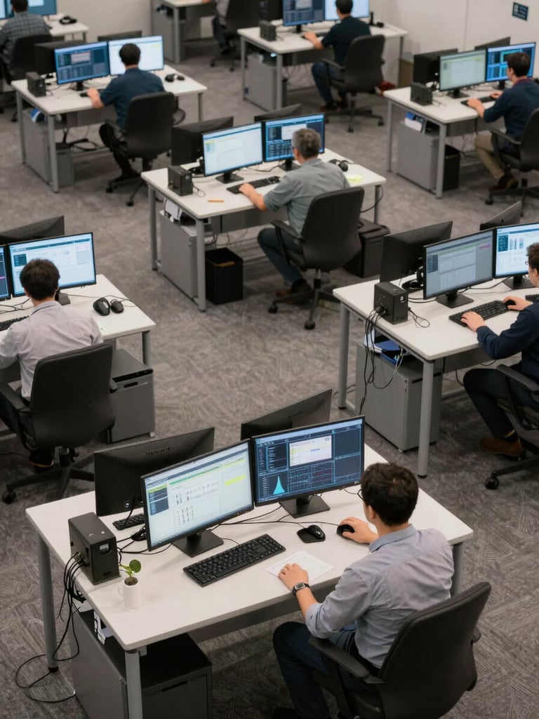 Overhead wide-angle photograph of a distributed team operations floor, multiple engineers working at individual stations with dual monitors displaying system monitoring dashboards, neutral corporate lighting, photographed from an elevated angle conveying scale and coordination
