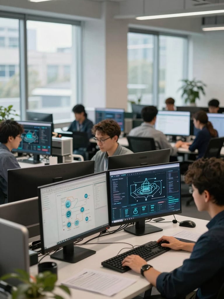 Wide environmental photograph of a distributed team of technology professionals working at individual workstations in an open-plan enterprise office, screens showing infrastructure dashboards and system diagrams, natural daylight from large windows, no faces in close-up
