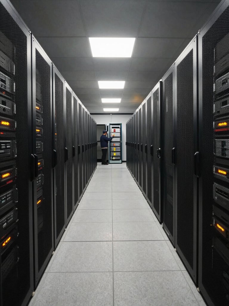 Wide-angle view inside a large-scale enterprise data center corridor, rows of illuminated server racks receding into the distance under cool fluorescent light, a technician in the far background reviewing a panel, neutral studio lighting, no warm tones, photographed for operational scale