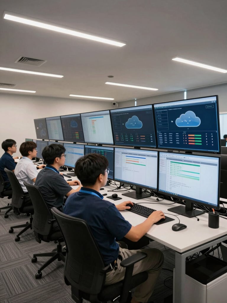 Wide environmental shot of a cloud infrastructure operations room, engineers reviewing multi-screen dashboards showing cloud resource allocation maps and migration progress indicators, neutral overhead office lighting, photographed from a side angle showing depth of the workspace