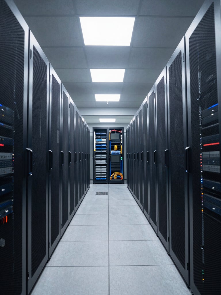 Long corridor inside an enterprise data center, symmetrical rows of server racks receding into the distance, cool white overhead lighting, cable management visible at rack sides, shot from low angle to emphasize scale and depth, no people, no text overlays
