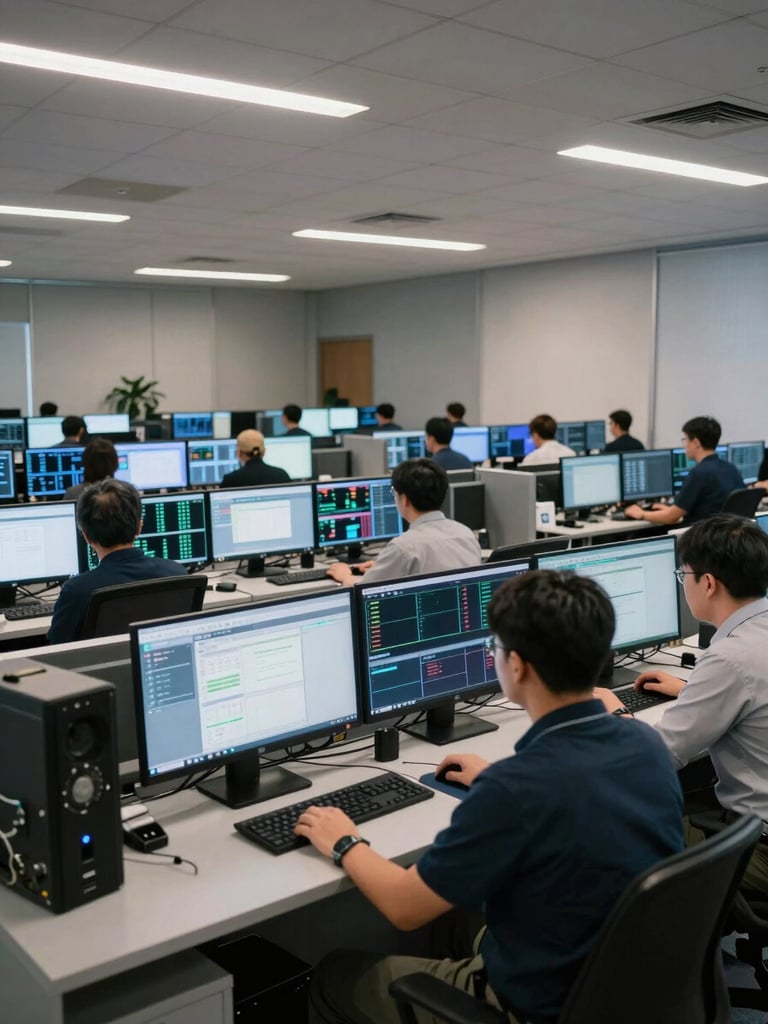 Wide environmental shot of a modern network operations center, rows of monitoring screens displaying live system dashboards, two engineers working at consoles in the foreground under neutral overhead studio lighting, camera positioned at mid-room level showing operational scale