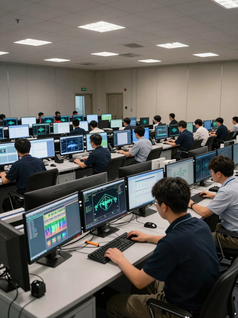 Wide-angle view inside an enterprise network operations center, rows of monitors displaying live infrastructure dashboards, engineers working at consoles under neutral overhead lighting, photographed from the back of the room to convey operational depth and scale