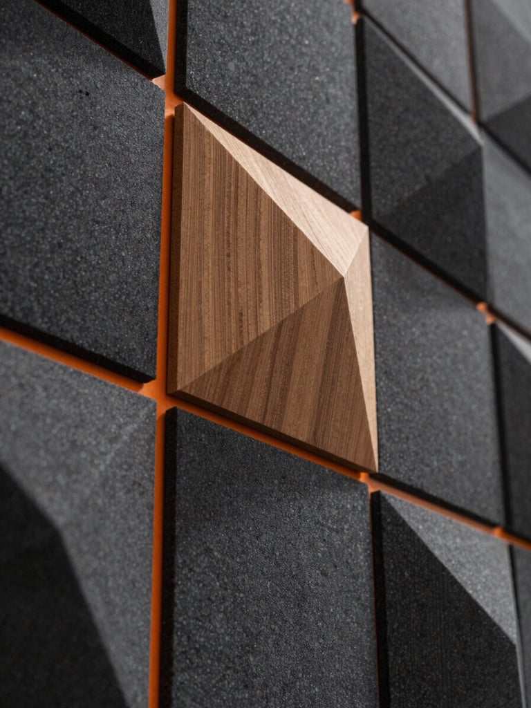 Macro photography of dark grey acoustic diffuser panels, sharp architectural lighting highlighting the geometric triangular wood textures, safety-orange accent lines, highly detailed.